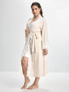 Slumbrini Asymmetrical Water-Soluble Lace Trim Patchwork Tie-Front Korean Velvet Sexy Robe - Beige - View 7
