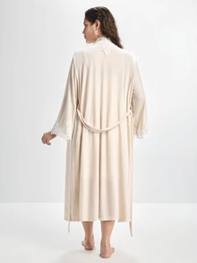 Slumbrini Asymmetrical Water-Soluble Lace Trim Patchwork Tie-Front Korean Velvet Sexy Robe - Beige - View 2