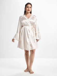 Slumbrini Elegant Noble Romantic Ruffle Contrast Lace Comfortable Satin Tie-Up Plus Size Nightgown - Champagne - View 1
