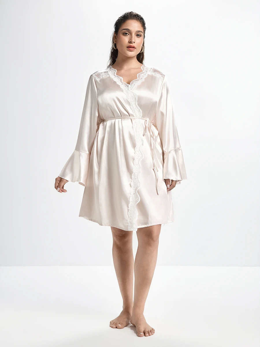 Slumbrini Elegant Noble Romantic Ruffle Contrast Lace Comfortable Satin Tie-Up Plus Size Nightgown - Champagne - View 1