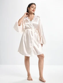 Slumbrini Elegant Noble Romantic Ruffle Contrast Lace Comfortable Satin Tie-Up Plus Size Nightgown - Champagne - View 4