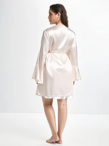 Slumbrini Elegant Noble Romantic Ruffle Contrast Lace Comfortable Satin Tie-Up Plus Size Nightgown - Champagne - View 2