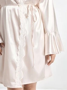 Slumbrini Elegant Noble Romantic Ruffle Contrast Lace Comfortable Satin Tie-Up Plus Size Nightgown - Champagne - View 6