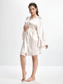 Slumbrini Elegant Noble Romantic Ruffle Contrast Lace Comfortable Satin Tie-Up Plus Size Nightgown - Champagne - View 3