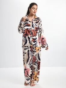 Slumbrini LuxeNights 女士加大码优雅豹纹缎面前扣口袋长袖动物纹上衣和裤子睡衣套装，舒适优雅细节，秋冬服装 - 彩色 - 查看 4