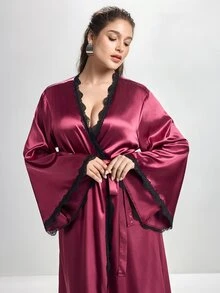 Slumbrini Plus Size Sexy & Elegant Women's Burgundy Faux Silk Lace Patchwork Robe Long Satin Robe, Winter - Red Violet - View 7