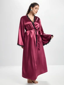 Slumbrini Plus Size Sexy & Elegant Women's Burgundy Faux Silk Lace Patchwork Robe Long Satin Robe, Winter - Red Violet - View 6