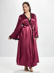 Slumbrini Plus Size Sexy & Elegant Women's Burgundy Faux Silk Lace Patchwork Robe Long Satin Robe, Winter - Red Violet - View 1