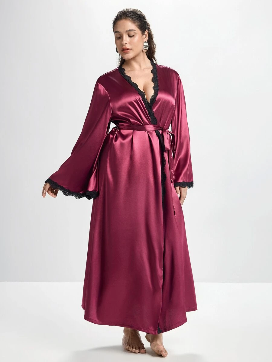 Slumbrini Plus Size Sexy & Elegant Women's Burgundy Faux Silk Lace Patchwork Robe Long Satin Robe, Winter - Red Violet - View 1