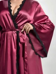 Slumbrini Plus Size Sexy & Elegant Women's Burgundy Faux Silk Lace Patchwork Robe Long Satin Robe, Winter - Red Violet - View 8
