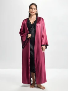 Slumbrini Plus Size Sexy & Elegant Women's Burgundy Faux Silk Lace Patchwork Robe Long Satin Robe, Winter - Red Violet - View 3
