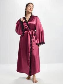 Slumbrini Plus Size Sexy & Elegant Women's Burgundy Faux Silk Lace Patchwork Robe Long Satin Robe, Winter - Red Violet - View 4