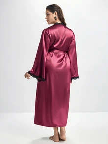 Slumbrini Plus Size Sexy & Elegant Women's Burgundy Faux Silk Lace Patchwork Robe Long Satin Robe, Winter - Red Violet - View 2