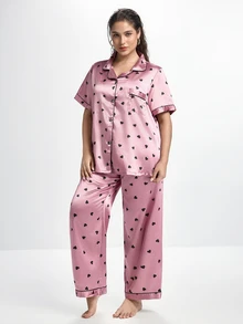 Slumbrini 1 Set Heart Print Lapel Faux Silk Comfortable Short Sleeve Pajama Set - Pink - View 4