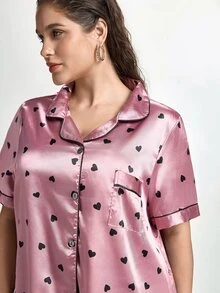 Slumbrini 1 Set Heart Print Lapel Faux Silk Comfortable Short Sleeve Pajama Set - Pink - View 7