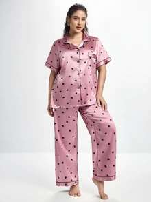 Slumbrini 1 Set Heart Print Lapel Faux Silk Comfortable Short Sleeve Pajama Set - Pink - View 5