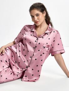 Slumbrini 1 Set Heart Print Lapel Faux Silk Comfortable Short Sleeve Pajama Set - Pink - View 8