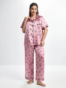 Slumbrini 1 Set Heart Print Lapel Faux Silk Comfortable Short Sleeve Pajama Set - Pink - View 3