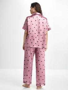Slumbrini 1 Set Heart Print Lapel Faux Silk Comfortable Short Sleeve Pajama Set - Pink - View 2
