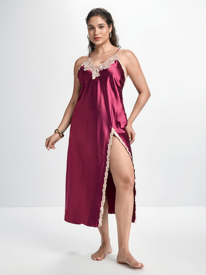 Slumbrini 1pc Women's Sexy Silk Plus Size Nightgown, Embroidered Lace, High Slit Satin Maxi Dress