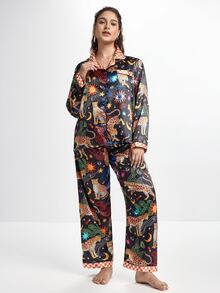 Slumbrini Set Piyama Celana Panjang Lengan Panjang dengan Kerah Satin Motif Mata Harimau Berbintang yang Menyenangkan untuk Wanita Ukuran Plus - Hitam - View 4