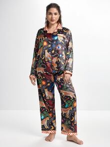 Slumbrini Set Piyama Celana Panjang Lengan Panjang dengan Kerah Satin Motif Mata Harimau Berbintang yang Menyenangkan untuk Wanita Ukuran Plus - Hitam - View 3
