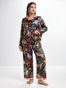 Slumbrini Set Piyama Celana Panjang Lengan Panjang dengan Kerah Satin Motif Mata Harimau Berbintang yang Menyenangkan untuk Wanita Ukuran Plus - Hitam - View 1