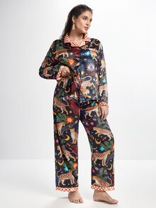 Slumbrini Set Piyama Celana Panjang Lengan Panjang dengan Kerah Satin Motif Mata Harimau Berbintang yang Menyenangkan untuk Wanita Ukuran Plus - Hitam - View 6