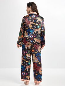 Slumbrini Set Piyama Celana Panjang Lengan Panjang dengan Kerah Satin Motif Mata Harimau Berbintang yang Menyenangkan untuk Wanita Ukuran Plus - Hitam - View 2