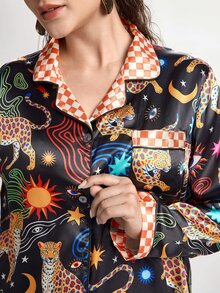 Slumbrini Set Piyama Celana Panjang Lengan Panjang dengan Kerah Satin Motif Mata Harimau Berbintang yang Menyenangkan untuk Wanita Ukuran Plus - Hitam - View 8