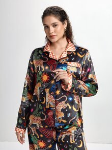Slumbrini Set Piyama Celana Panjang Lengan Panjang dengan Kerah Satin Motif Mata Harimau Berbintang yang Menyenangkan untuk Wanita Ukuran Plus - Hitam - View 7