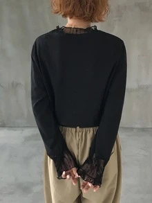 FRIFUL Solid Color Patchwork Sheer Polka Dot Mesh Fabric Loose Casual Versatile T-Shirt Fall - Black - View 2