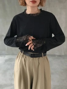 FRIFUL Solid Color Patchwork Sheer Polka Dot Mesh Fabric Loose Casual Versatile T-Shirt Fall - Black - View 5