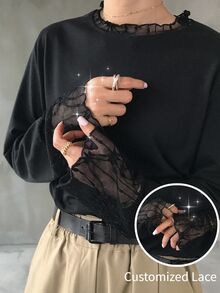 FRIFUL Solid Color Patchwork Sheer Polka Dot Mesh Fabric Loose Casual Versatile T-Shirt Fall - Black - View 1