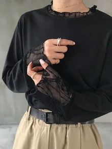 FRIFUL Solid Color Patchwork Sheer Polka Dot Mesh Fabric Loose Casual Versatile T-Shirt Fall - Black - View 8