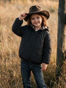 SHEIN Young Girl Young Girl Leopard Pattern Hooded Puffer Winter Coat - Khaki - View 2