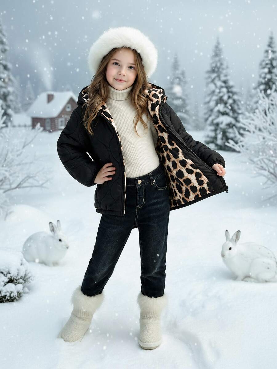 SHEIN Young Girl Young Girl Leopard Pattern Hooded Puffer Winter Coat - Khaki - View 1