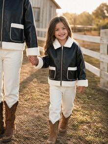 SHEIN Young Girl Young Girl Young Girl Young Girl 配色保暖內裡長袖夾克，秋季/冬季百搭 - 黑與白 - 查看 5