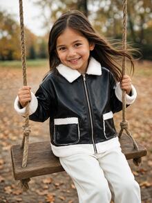 SHEIN Young Girl Young Girl Young Girl Young Girl 配色保暖內裡長袖夾克，秋季/冬季百搭 - 黑與白 - 查看 4