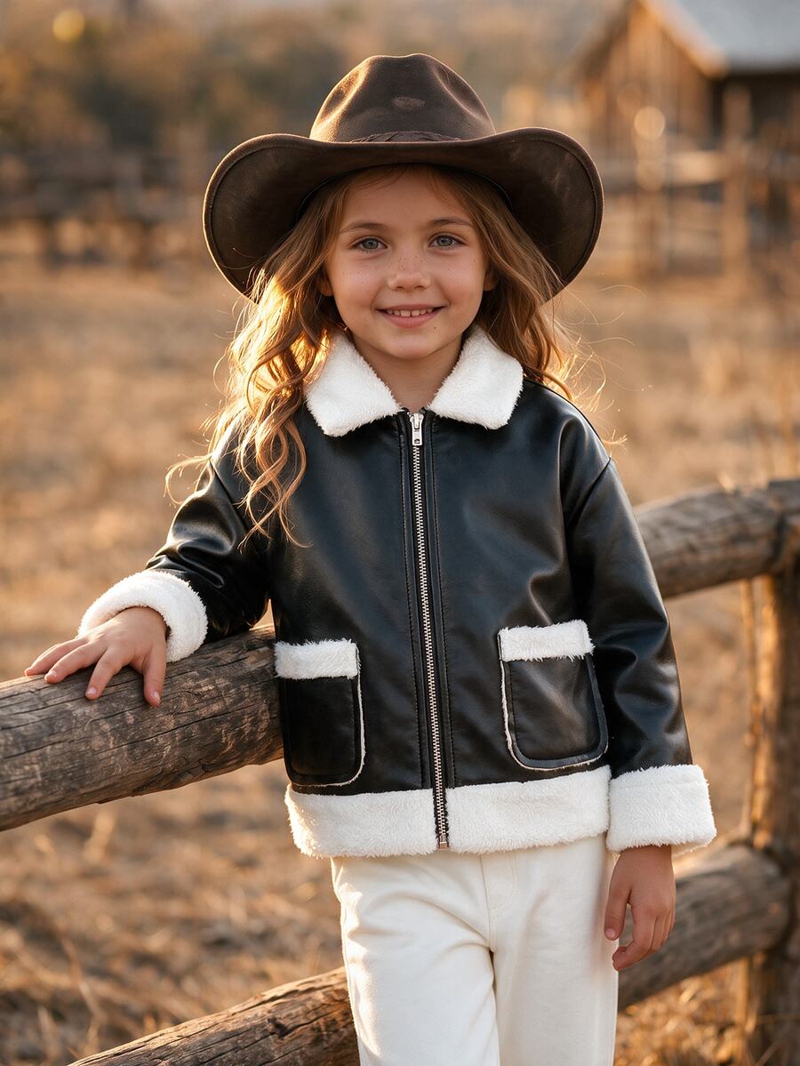 SHEIN Young Girl Young Girl Young Girl Young Girl 配色保暖內裡長袖夾克，秋季/冬季百搭 - 黑與白 - 查看 1