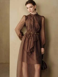 Arave Women Dress A-Line Sheer Textured Chest Ruffles High Neck Lantern Sleeve Vintage Dark Brown Elegant Long Dinner Brunch Cocktail Autumn - Brown - View 2