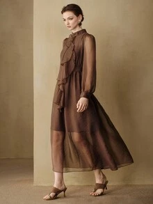 Arave Women Dress A-Line Sheer Textured Chest Ruffles High Neck Lantern Sleeve Vintage Dark Brown Elegant Long Dinner Brunch Cocktail Autumn - Brown - View 4