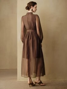 Arave Women Dress A-Line Sheer Textured Chest Ruffles High Neck Lantern Sleeve Vintage Dark Brown Elegant Long Dinner Brunch Cocktail Autumn - Brown - View 3
