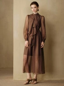 Arave Women Dress A-Line Sheer Textured Chest Ruffles High Neck Lantern Sleeve Vintage Dark Brown Elegant Long Dinner Brunch Cocktail Autumn - Brown - View 7