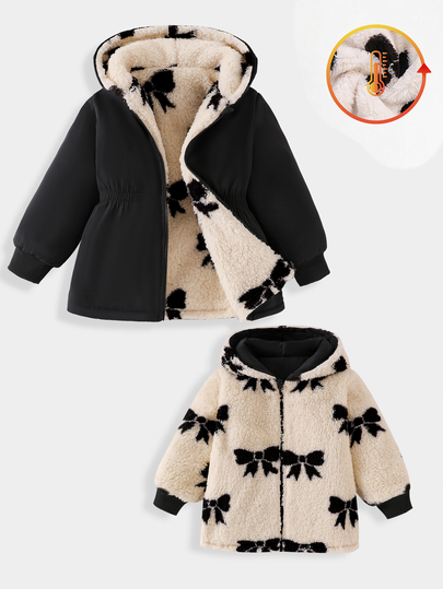 SHEIN Playful Pals 2 Pack Toddler Girl Reversible Jacket Cute Elegant Black Beige Bowknot Print Fuzzy Fleece Long Sleeve Hooded Thick Vacation Winter Cozy Princess Coat