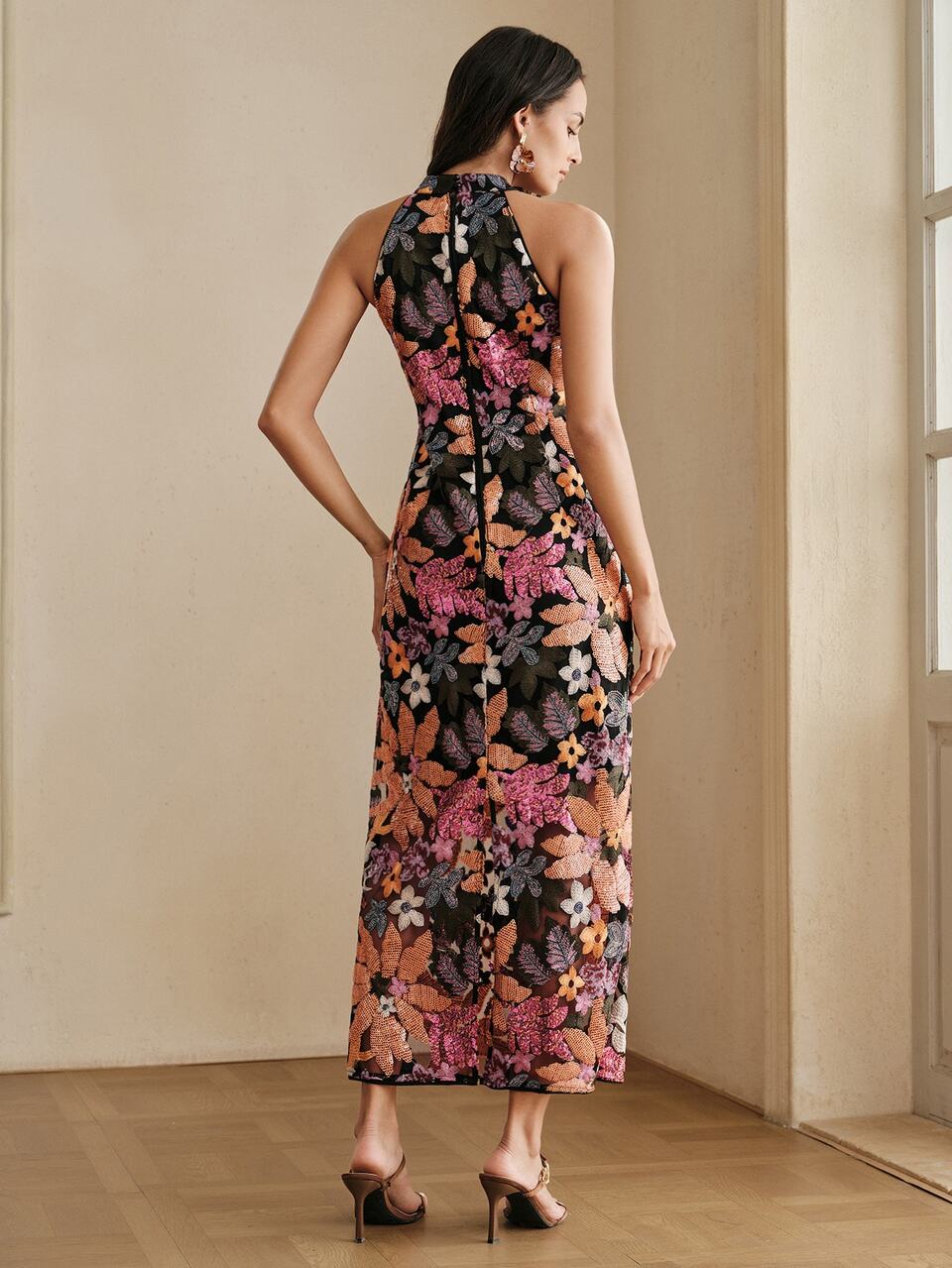 Anewsta Sequin Party Rehearsal Dinner Gala Dinner Dress Elegant Casual Modest Women's Halter Neck Sleeveless Waist Cinched Floral Black Summer