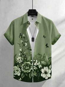 Manfinity Homme 男士植物花卉蝴蝶印花短袖襯衫，休閒翻領度假風上衣 - 綠色 - 查看 1