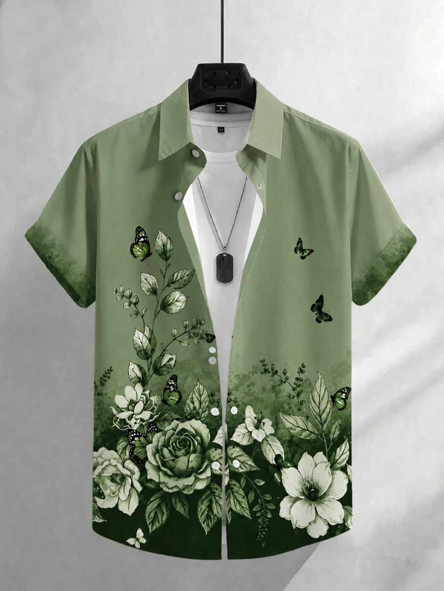 Manfinity Homme 男士植物花卉蝴蝶印花短袖襯衫,休閒翻領度假風上衣 - 綠色 - 查看 1
