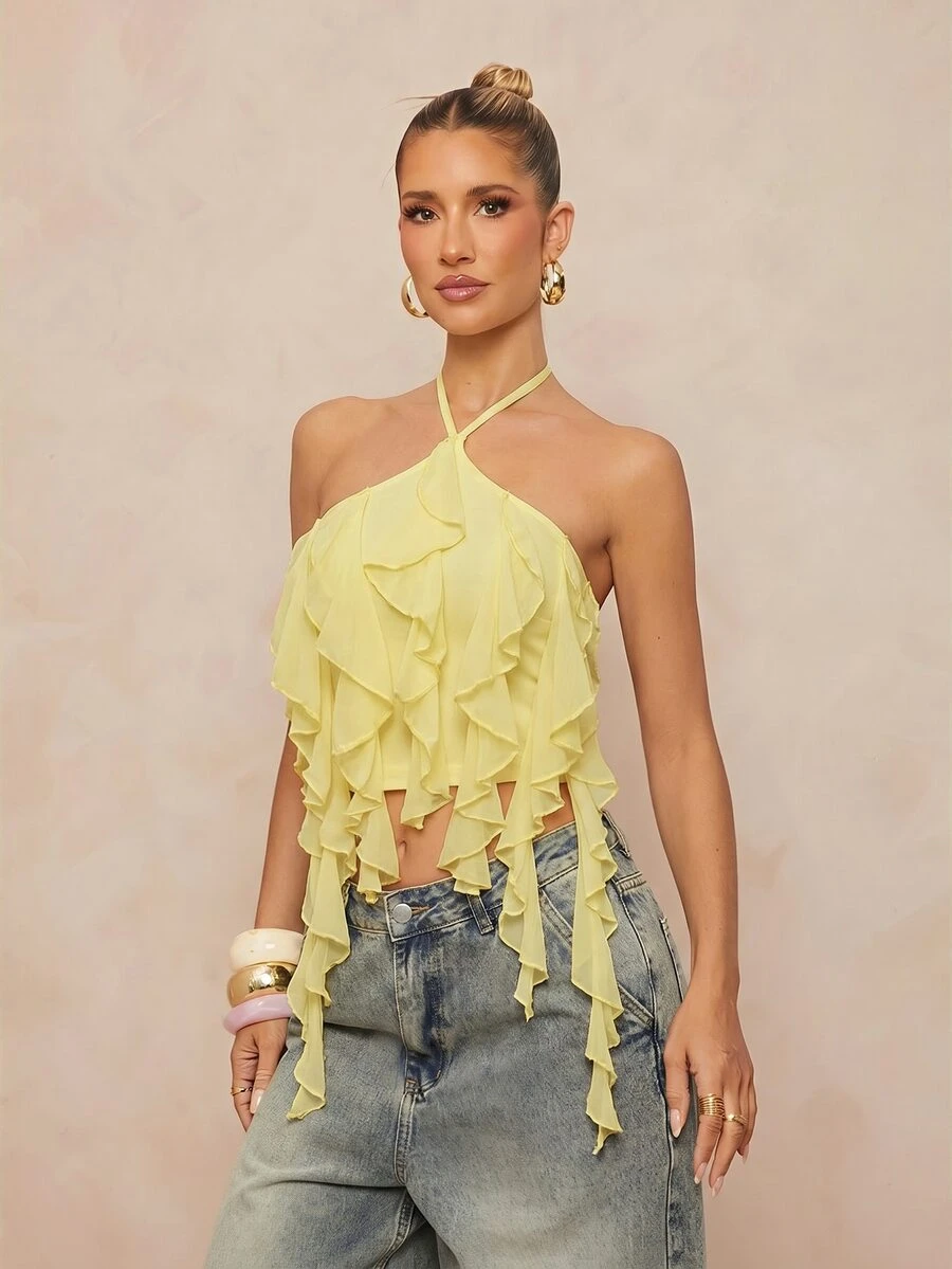 Lumalex Pale Yellow Mesh Halter Top With Tie Back Open Back Sheer Layered Cascading Ruffles Picot Trim Cropped Hem Spring Summer Sexy Club Vacation