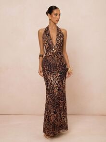 Lumalex Women's Sexy Elegant Wrap Beige Backless Halter Neck Dress For Summer Day Vacation Party Night Out - Multicolor - View 6